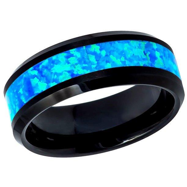 Tungsten Rings for Men Wedding Bands for Him Womens Wedding Bands for Her 6mm Hawaiian Ocean Opal Blue Inlay - Jewelry Store by Erik Rayo