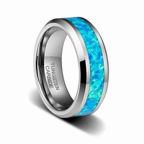 Tungsten Rings for Men Wedding Bands for Him Womens Wedding Bands for Her 6mm Hawaiian Opal Blue Inlay - Jewelry Store by Erik Rayo