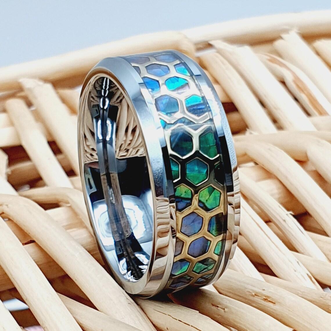 Tungsten Rings for Men Wedding Bands for Him Womens Wedding Bands for Her 6mm Honeycomb Cut Out Over Abalone Inlay Yellow Gold - Jewelry Store by Erik Rayo