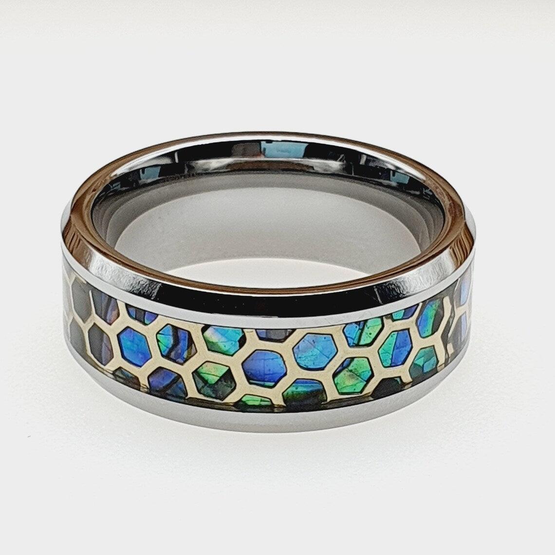 Tungsten Rings for Men Wedding Bands for Him Womens Wedding Bands for Her 6mm Honeycomb Cut Out Over Abalone Inlay Yellow Gold - Jewelry Store by Erik Rayo