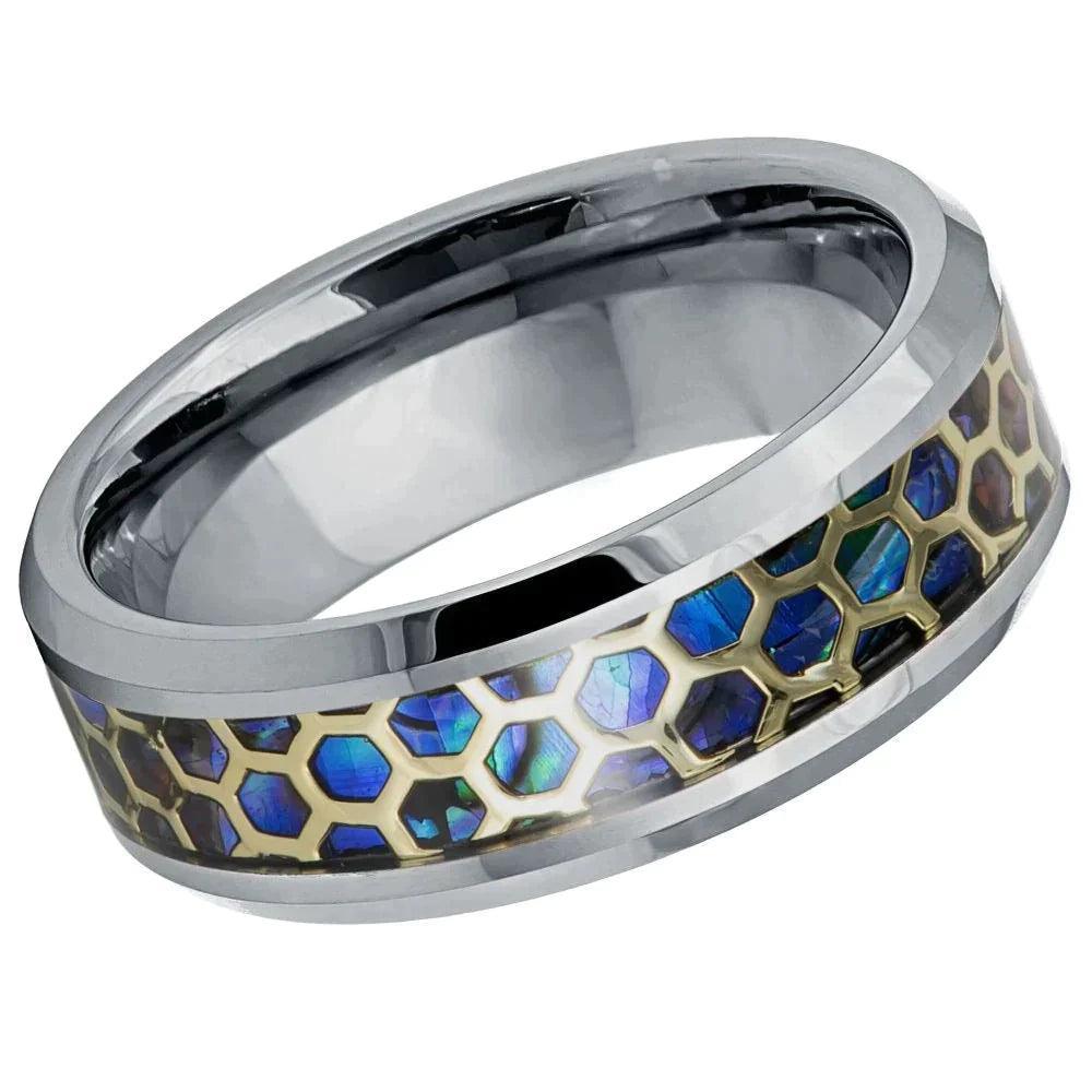 Tungsten Rings for Men Wedding Bands for Him Womens Wedding Bands for Her 6mm Honeycomb Cut Out Over Abalone Inlay Yellow Gold - Jewelry Store by Erik Rayo