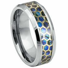 Load image into Gallery viewer, Tungsten Rings for Men Wedding Bands for Him Womens Wedding Bands for Her 6mm Honeycomb Cut Out Over Abalone Inlay Yellow Gold - Jewelry Store by Erik Rayo
