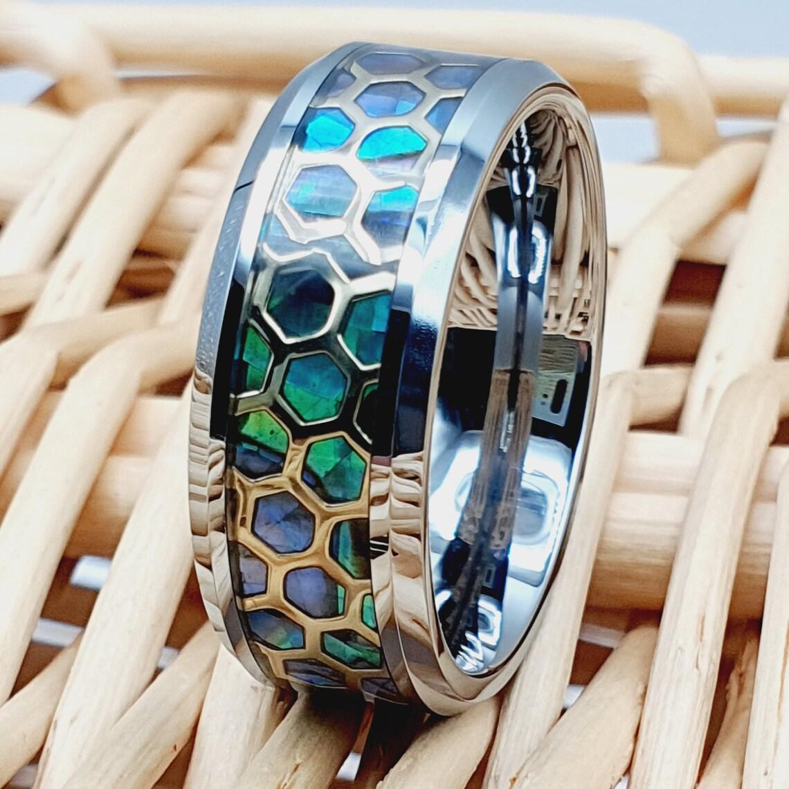 Tungsten Rings for Men Wedding Bands for Him Womens Wedding Bands for Her 6mm Honeycomb Cut Out Over Abalone Inlay Yellow Gold - Jewelry Store by Erik Rayo