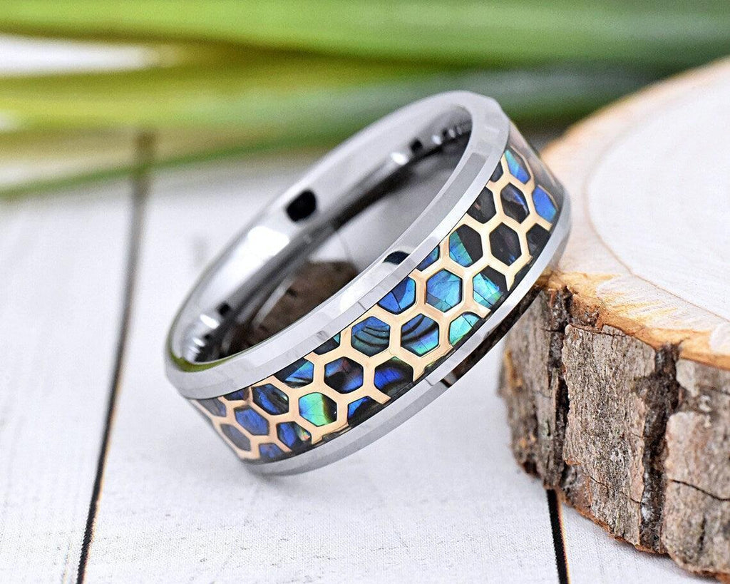 Tungsten Rings for Men Wedding Bands for Him Womens Wedding Bands for Her 6mm Honeycomb Cut Out Over Abalone Inlay Yellow Gold - Jewelry Store by Erik Rayo