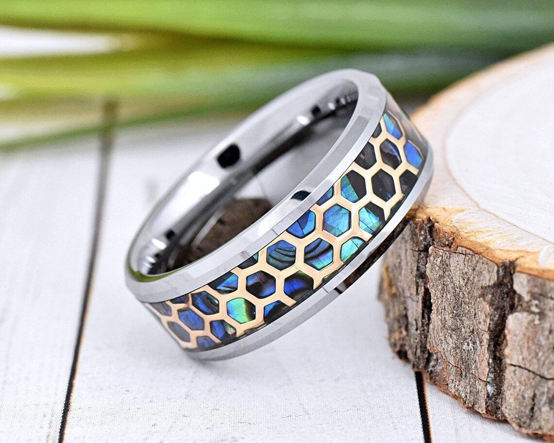 Tungsten Rings for Men Wedding Bands for Him Womens Wedding Bands for Her 6mm Honeycomb Cut Out Over Abalone Inlay Yellow Gold - Jewelry Store by Erik Rayo