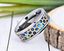 Load image into Gallery viewer, Tungsten Rings for Men Wedding Bands for Him Womens Wedding Bands for Her 6mm Honeycomb Cut Out Over Abalone Inlay Yellow Gold - Jewelry Store by Erik Rayo
