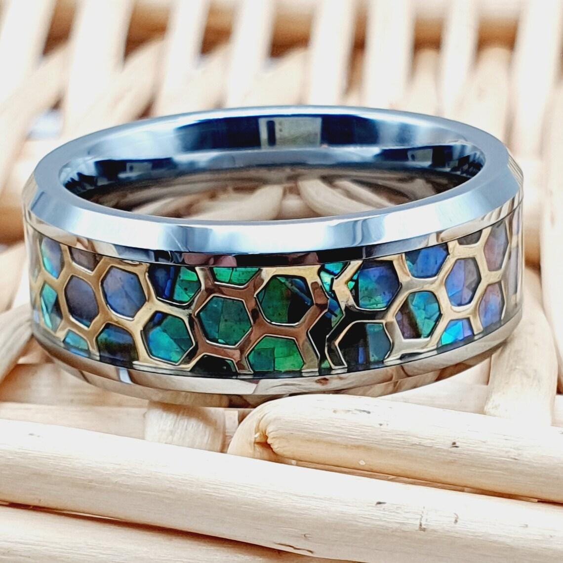 Tungsten Rings for Men Wedding Bands for Him Womens Wedding Bands for Her 6mm Honeycomb Cut Out Over Abalone Inlay Yellow Gold - Jewelry Store by Erik Rayo