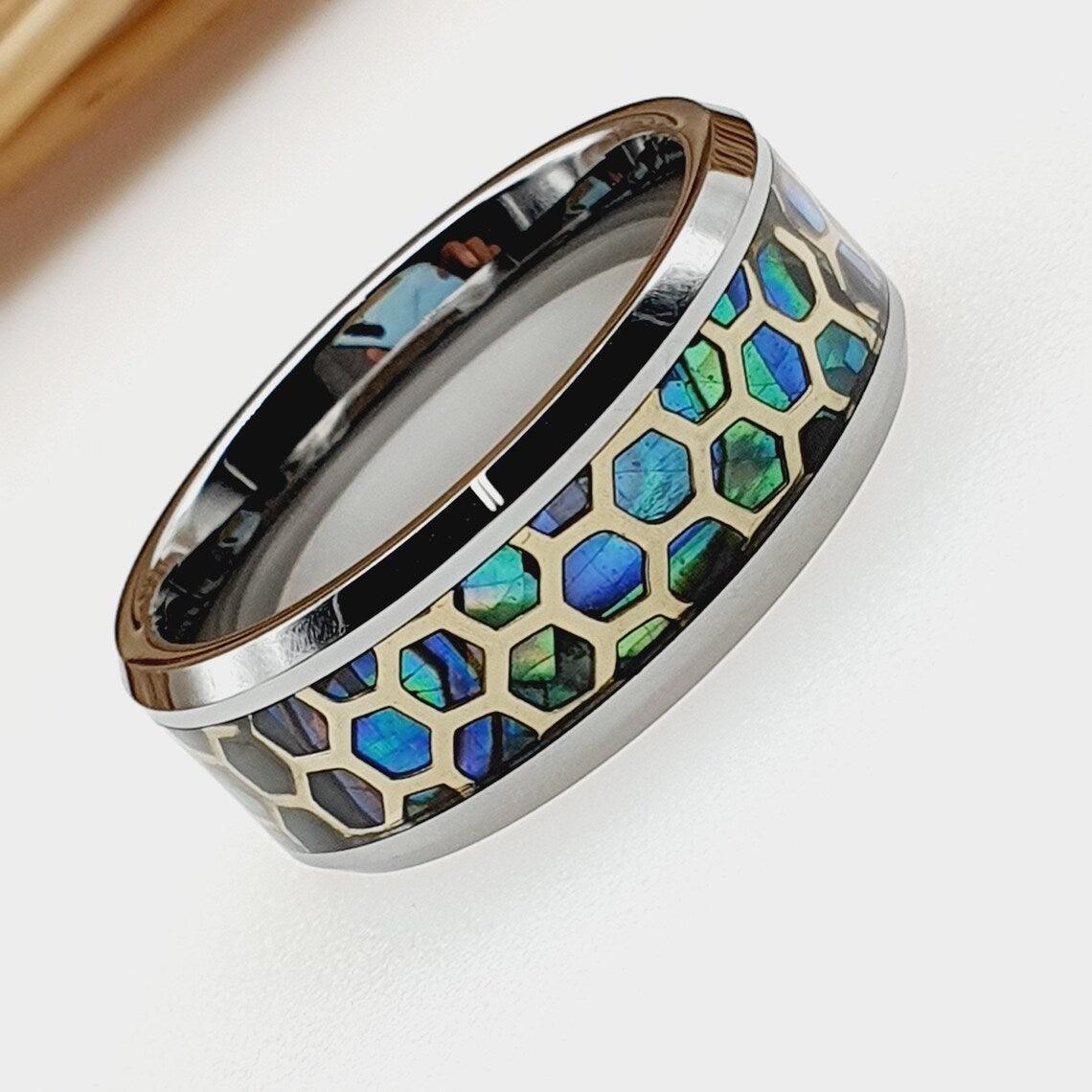 Tungsten Rings for Men Wedding Bands for Him Womens Wedding Bands for Her 6mm Honeycomb Cut Out Over Abalone Inlay Yellow Gold - Jewelry Store by Erik Rayo