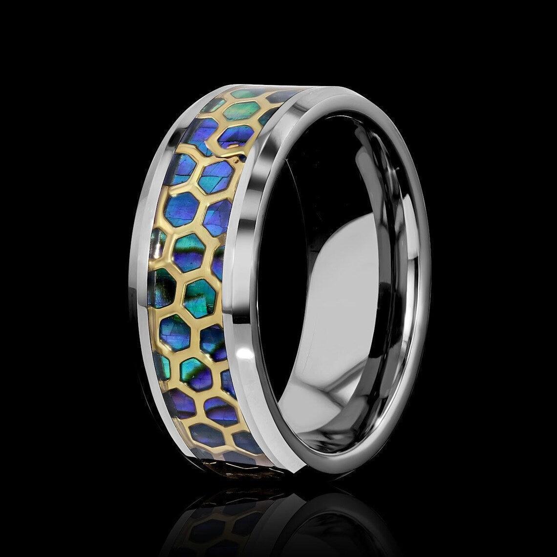 Tungsten Rings for Men Wedding Bands for Him Womens Wedding Bands for Her 6mm Honeycomb Cut Out Over Abalone Inlay Yellow Gold - Jewelry Store by Erik Rayo