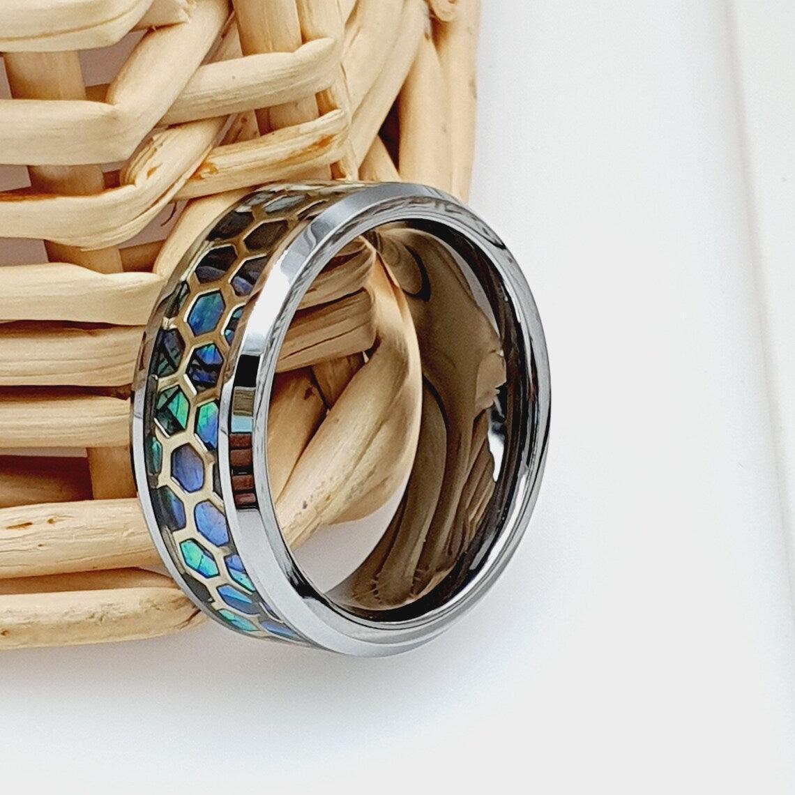 Tungsten Rings for Men Wedding Bands for Him Womens Wedding Bands for Her 6mm Honeycomb Cut Out Over Abalone Inlay Yellow Gold - Jewelry Store by Erik Rayo