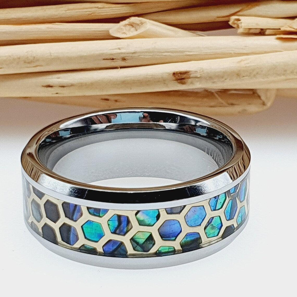 Tungsten Rings for Men Wedding Bands for Him Womens Wedding Bands for Her 6mm Honeycomb Cut Out Over Abalone Inlay Yellow Gold - Jewelry Store by Erik Rayo