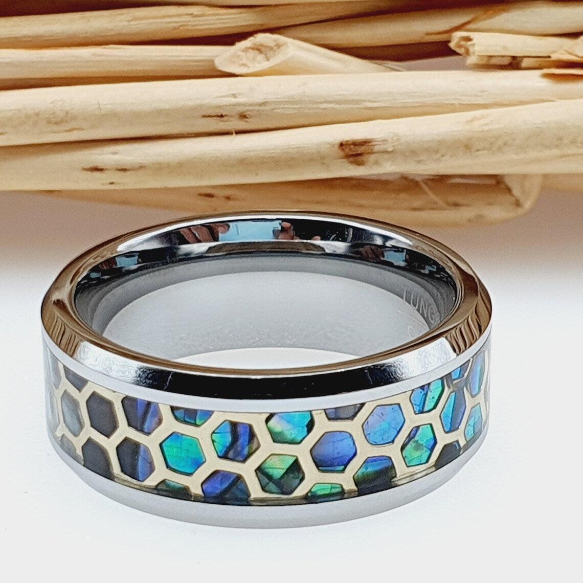 Tungsten Rings for Men Wedding Bands for Him Womens Wedding Bands for Her 6mm Honeycomb Cut Out Over Abalone Inlay Yellow Gold - Jewelry Store by Erik Rayo