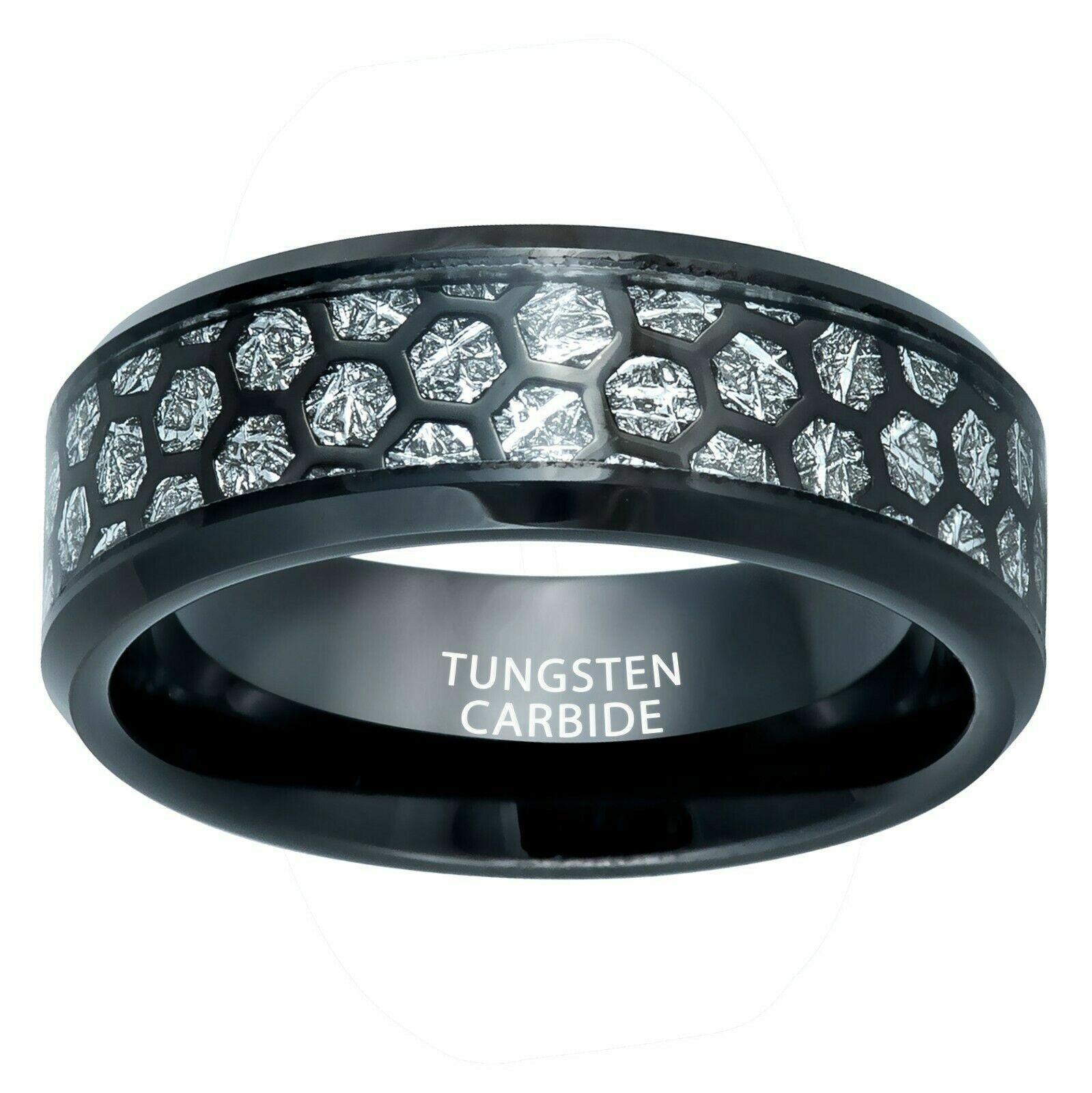 Tungsten Rings for Men Wedding Bands for Him Womens Wedding Bands for Her 6mm Honeycomb Cut Out Over Meteorite Inlay - Jewelry Store by Erik Rayo