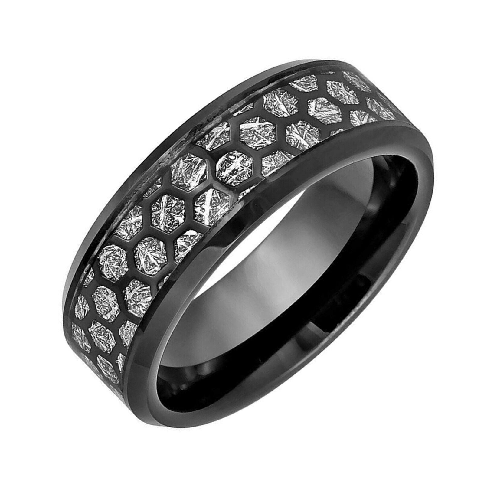 Tungsten Rings for Men Wedding Bands for Him Womens Wedding Bands for Her 6mm Honeycomb Cut Out Over Meteorite Inlay - Jewelry Store by Erik Rayo
