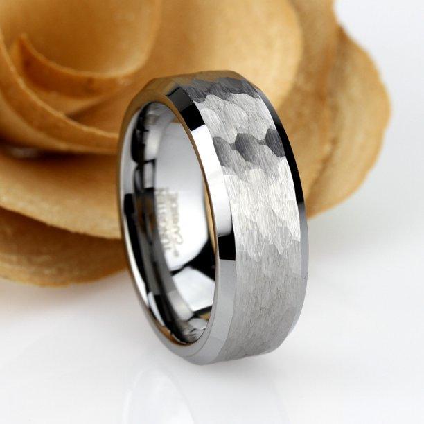 Tungsten Rings for Men Wedding Bands for Him Womens Wedding Bands for Her 6mm Honeycomb Hammered Brush - Jewelry Store by Erik Rayo