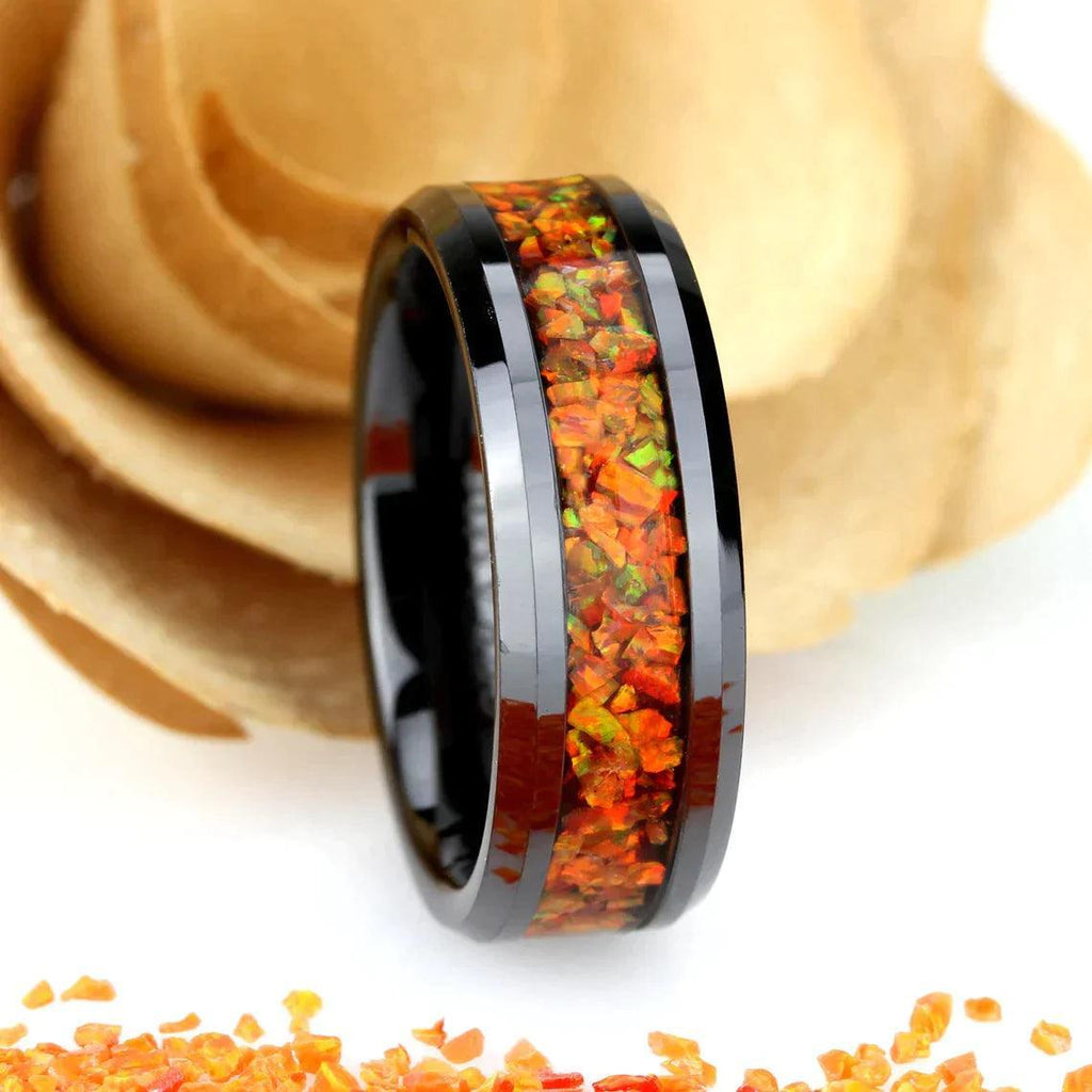 Tungsten Rings for Men Wedding Bands for Him Womens Wedding Bands for Her 6mm Orange Fire Opal Inlay Black IP Plated - Jewelry Store by Erik Rayo