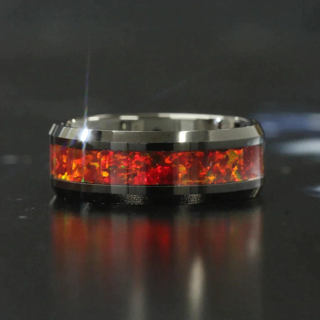 Tungsten Rings for Men Wedding Bands for Him Womens Wedding Bands for Her 6mm Orange Fire Opal Inlay Black IP Plated - Jewelry Store by Erik Rayo