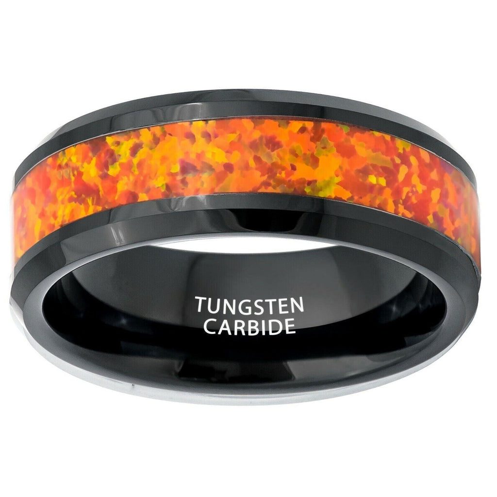 Tungsten Rings for Men Wedding Bands for Him Womens Wedding Bands for Her 6mm Orange Fire Opal Inlay Black IP Plated - Jewelry Store by Erik Rayo