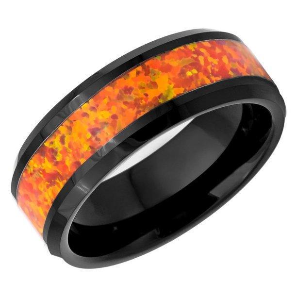 Tungsten Rings for Men Wedding Bands for Him Womens Wedding Bands for Her 6mm Orange Fire Opal Inlay Black IP Plated - Jewelry Store by Erik Rayo