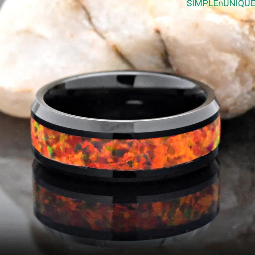 Tungsten Rings for Men Wedding Bands for Him Womens Wedding Bands for Her 6mm Orange Fire Opal Inlay Black IP Plated - Jewelry Store by Erik Rayo