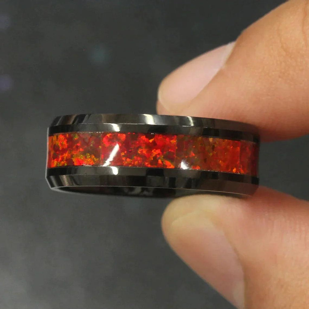 Tungsten Rings for Men Wedding Bands for Him Womens Wedding Bands for Her 6mm Orange Fire Opal Inlay Black IP Plated - Jewelry Store by Erik Rayo