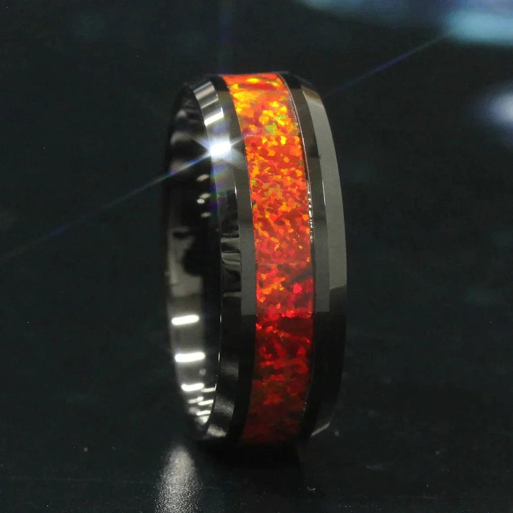 Tungsten Rings for Men Wedding Bands for Him Womens Wedding Bands for Her 6mm Orange Fire Opal Inlay Black IP Plated - Jewelry Store by Erik Rayo