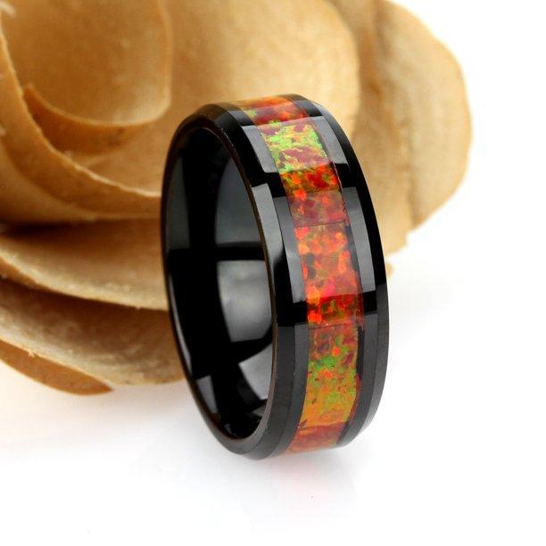 Tungsten Rings for Men Wedding Bands for Him Womens Wedding Bands for Her 6mm Orange Fire Opal Inlay Black IP Plated - Jewelry Store by Erik Rayo