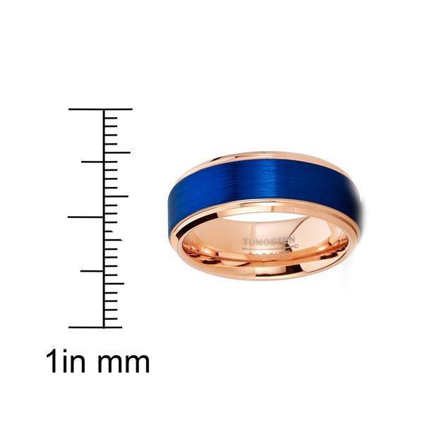 Tungsten Rings for Men Wedding Bands for Him Womens Wedding Bands for Her 6mm Rose Gold Blue Brushed Textured - Jewelry Store by Erik Rayo