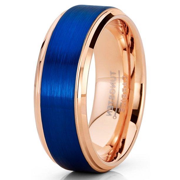 Tungsten Rings for Men Wedding Bands for Him Womens Wedding Bands for Her 6mm Rose Gold Blue Brushed Textured - Jewelry Store by Erik Rayo