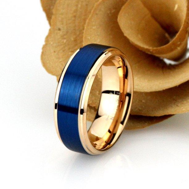 Tungsten Rings for Men Wedding Bands for Him Womens Wedding Bands for Her 6mm Rose Gold Blue Brushed Textured - Jewelry Store by Erik Rayo