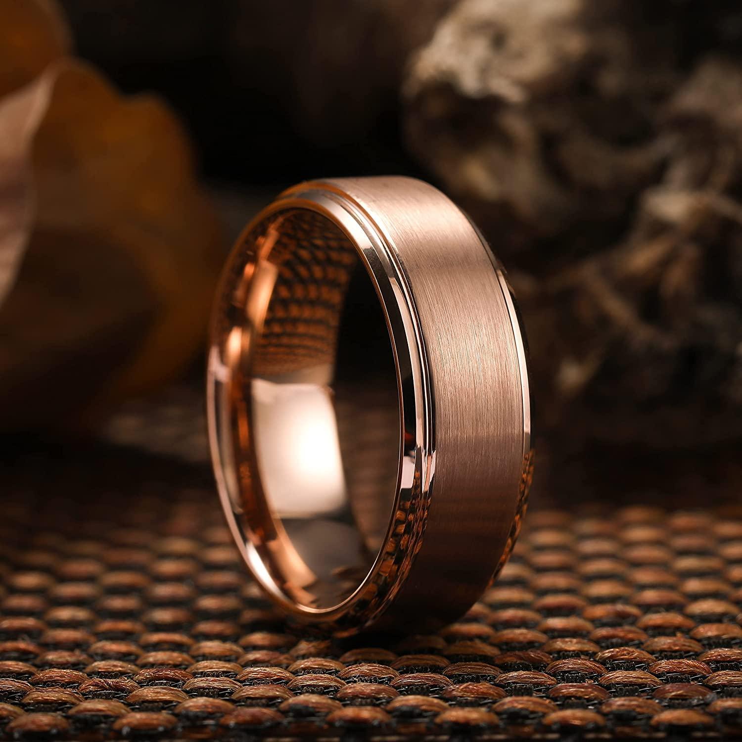 Tungsten Rings for Men Wedding Bands for Him Womens Wedding Bands for Her 6mm Rose Gold Brushed Center - Jewelry Store by Erik Rayo