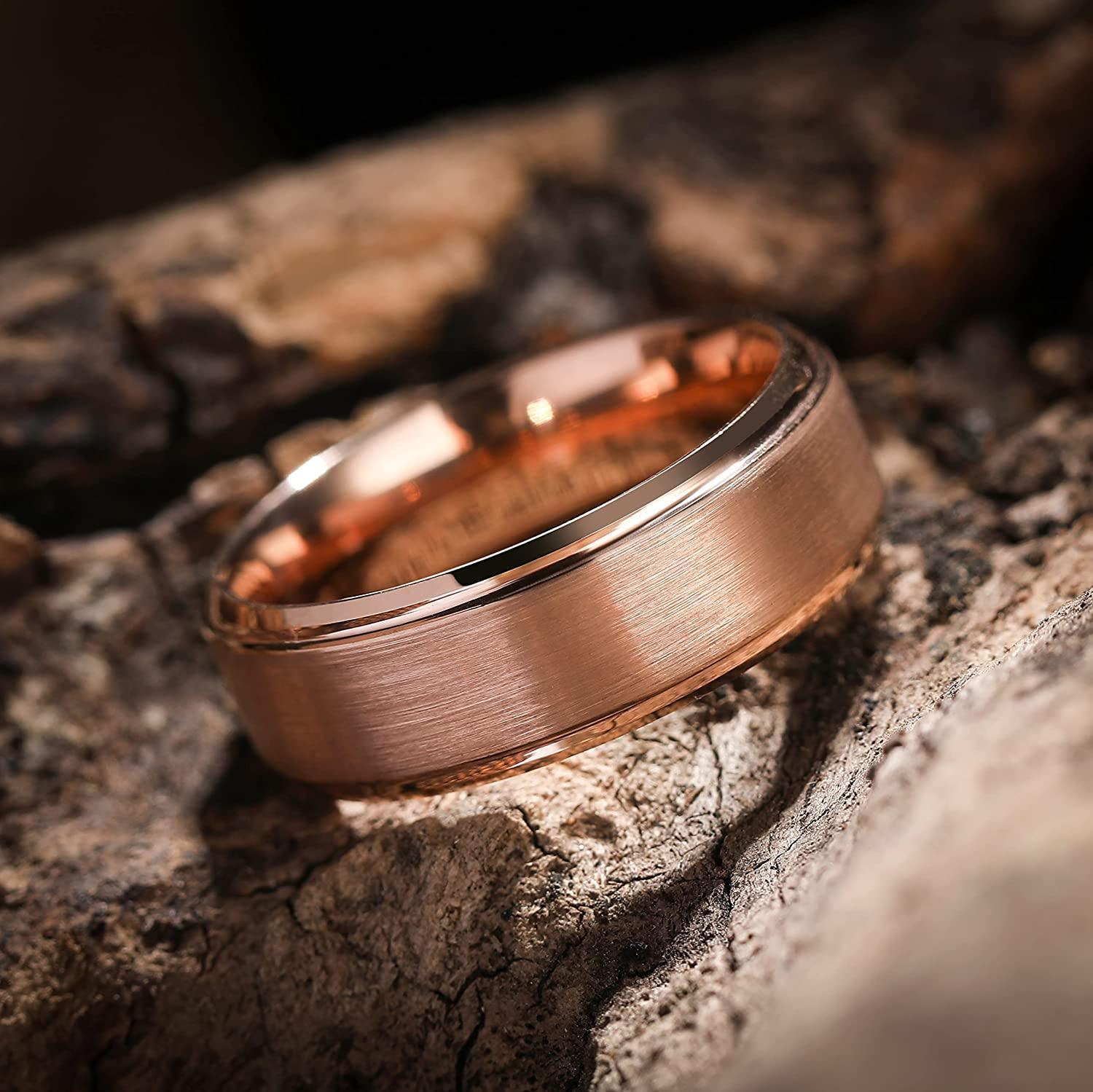 Tungsten Rings for Men Wedding Bands for Him Womens Wedding Bands for Her 6mm Rose Gold Brushed Center - Jewelry Store by Erik Rayo