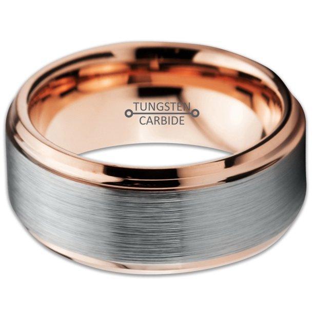 Tungsten Rings for Men Wedding Bands for Him Womens Wedding Bands for Her 6mm Rose Gold Inner with Silver Brushed Finish - Jewelry Store by Erik Rayo