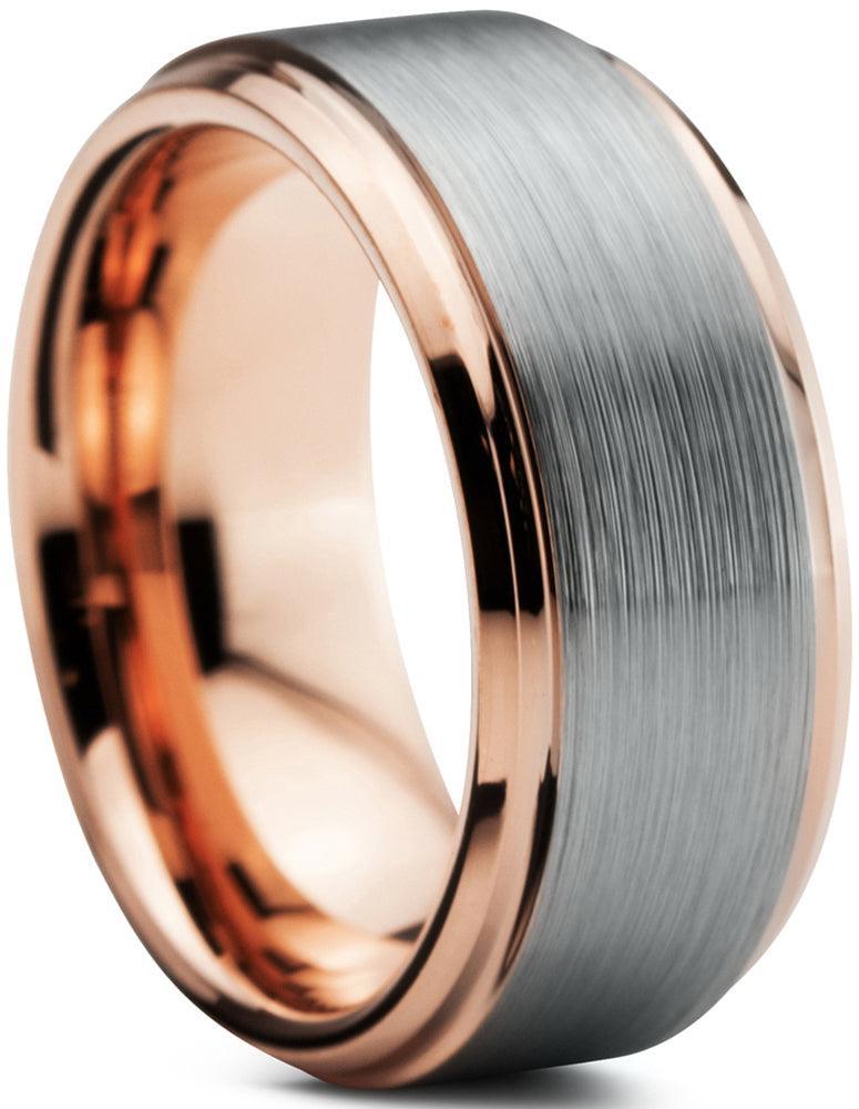Tungsten Rings for Men Wedding Bands for Him Womens Wedding Bands for Her 6mm Rose Gold Inner with Silver Brushed Finish - Jewelry Store by Erik Rayo