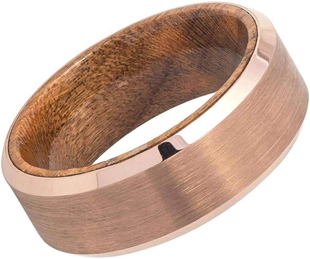 Tungsten Rings for Men Wedding Bands for Him Womens Wedding Bands for Her 6mm Rose Gold IP Brushed Finish Wood Inside - Jewelry Store by Erik Rayo