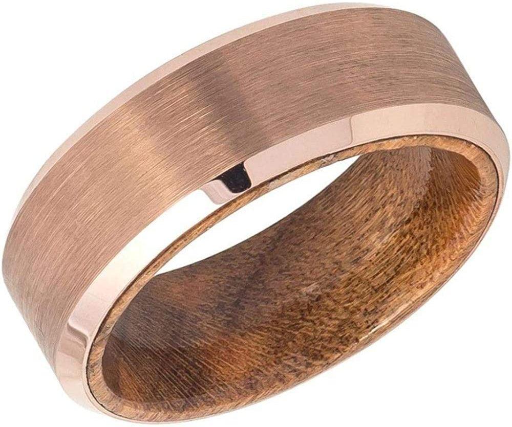 Tungsten Rings for Men Wedding Bands for Him Womens Wedding Bands for Her 6mm Rose Gold IP Brushed Finish Wood Inside - Jewelry Store by Erik Rayo