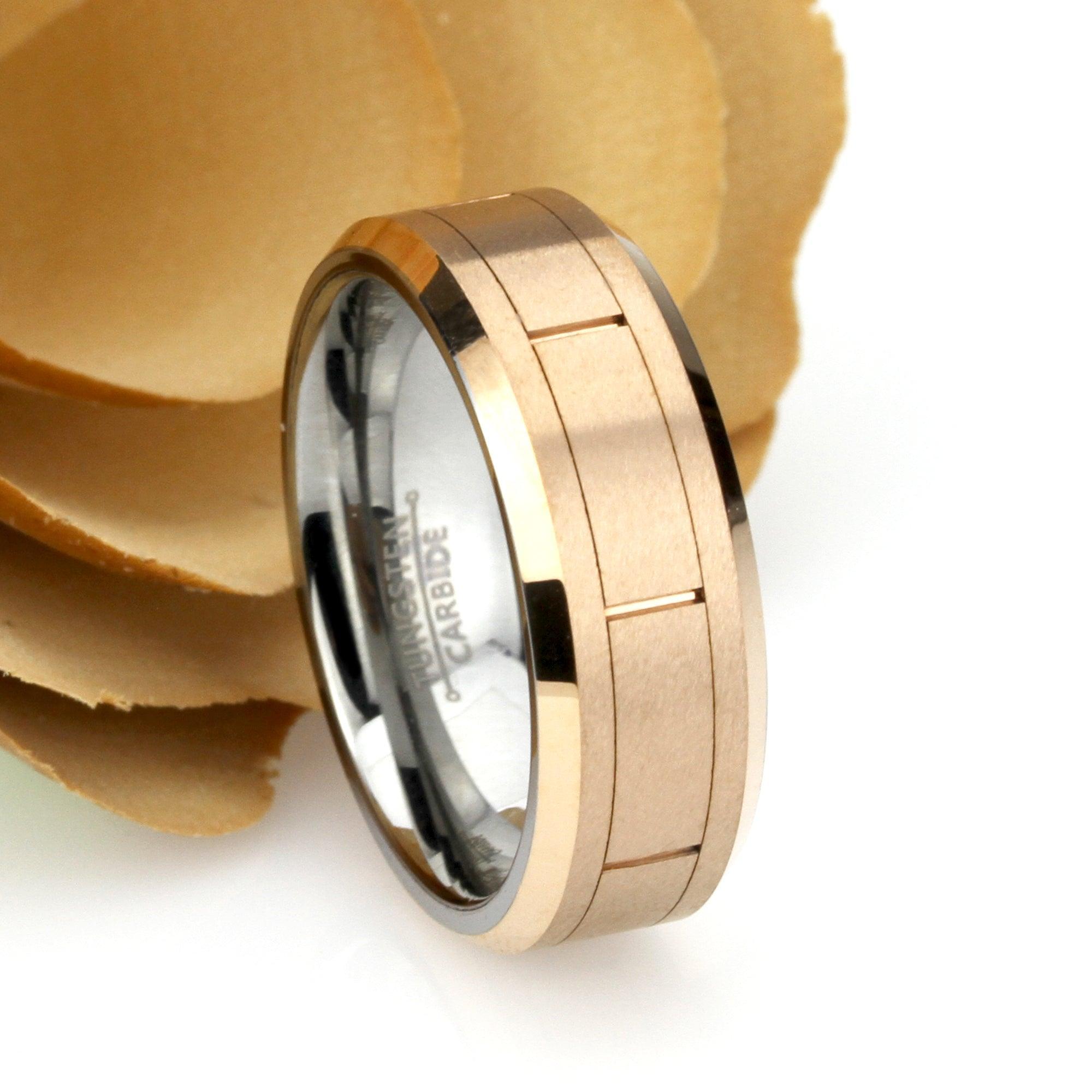 Tungsten Rings for Men Wedding Bands for Him Womens Wedding Bands for Her 6mm Rose Gold IP Brushed Grooved Center Rectangles - Jewelry Store by Erik Rayo