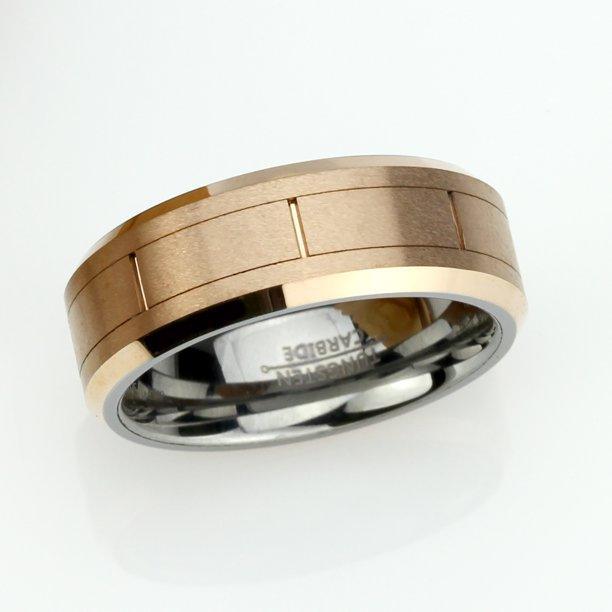 Tungsten Rings for Men Wedding Bands for Him Womens Wedding Bands for Her 6mm Rose Gold IP Brushed Grooved Center Rectangles - Jewelry Store by Erik Rayo