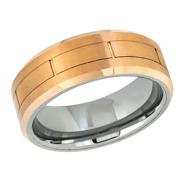 Tungsten Rings for Men Wedding Bands for Him Womens Wedding Bands for Her 6mm Rose Gold IP Brushed Grooved Center Rectangles - Jewelry Store by Erik Rayo