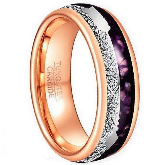 Men's Wedding Band Ring - Rose Gold, Purple Agate, Meteorite Arrow Design - Women's/Men's Wedding Rings