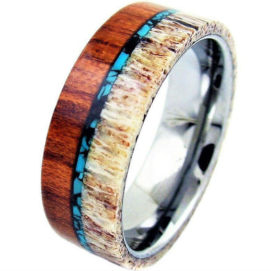 Men's Wedding Band Rings - Sandalwood with Deer Antler and Turquoise - Wedding Rings for Men and Women