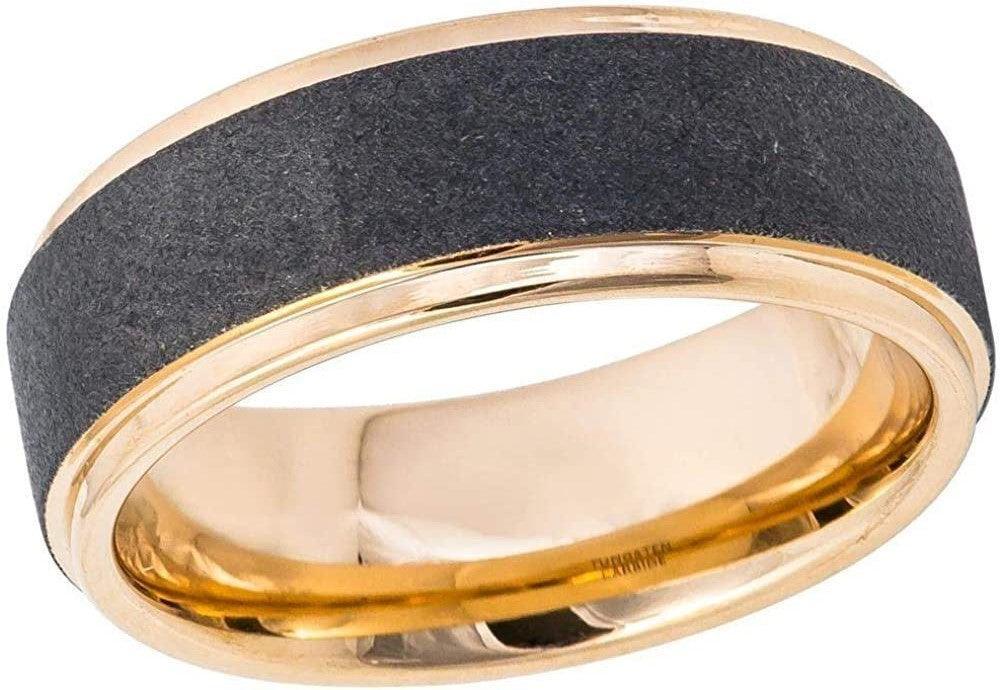 Tungsten Rings for Men Wedding Bands for Him Womens Wedding Bands for Her 6mm Sandblasted Finish Center Stepped Edge Rose Gold - Jewelry Store by Erik Rayo