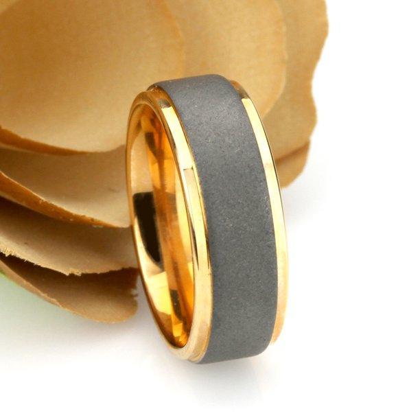 Tungsten Rings for Men Wedding Bands for Him Womens Wedding Bands for Her 6mm Sandblasted Finish Center Stepped Edge Rose Gold - Jewelry Store by Erik Rayo