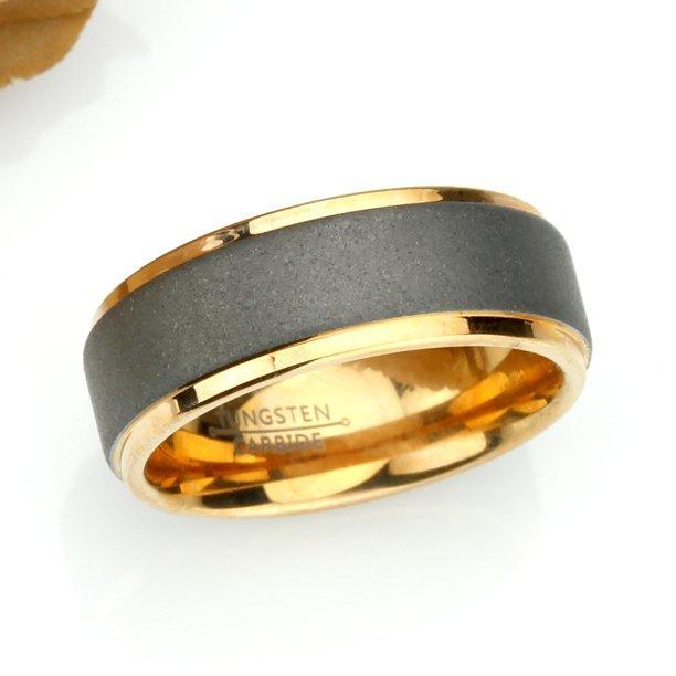 Tungsten Rings for Men Wedding Bands for Him Womens Wedding Bands for Her 6mm Sandblasted Finish Center Stepped Edge Rose Gold - Jewelry Store by Erik Rayo