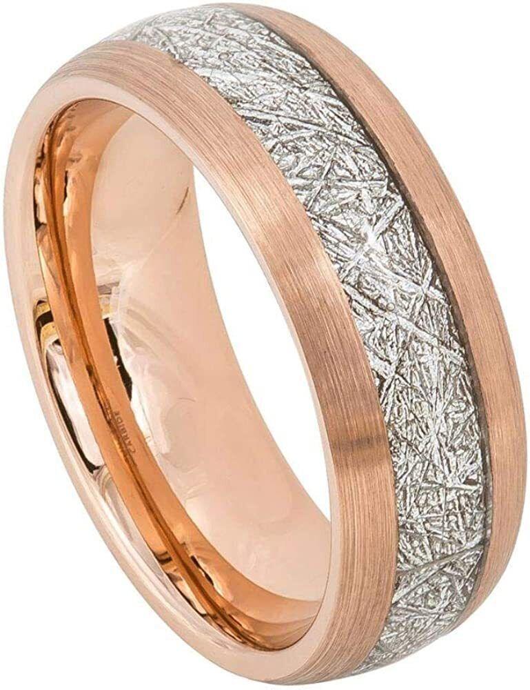 Tungsten Rings for Men Wedding Bands for Him Womens Wedding Bands for Her 6mm Semi-Domed Rose Gold Tone IP Meteorite - Jewelry Store by Erik Rayo