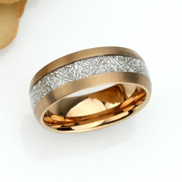 Tungsten Rings for Men Wedding Bands for Him Womens Wedding Bands for Her 6mm Semi-Domed Rose Gold Tone IP Meteorite - Jewelry Store by Erik Rayo