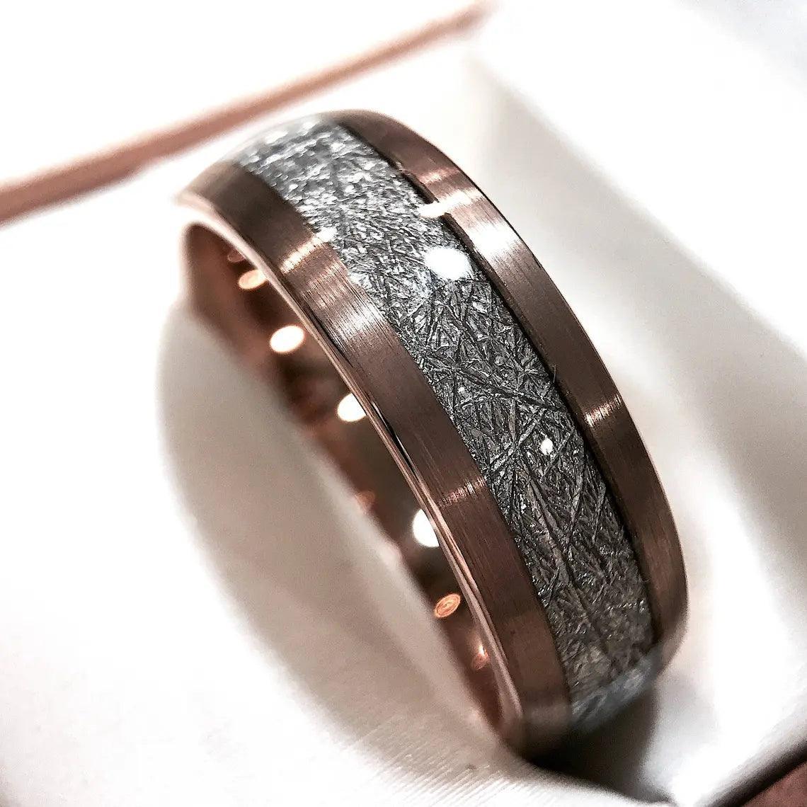 Tungsten Rings for Men Wedding Bands for Him Womens Wedding Bands for Her 6mm Semi-Domed Rose Gold Tone IP Meteorite - Jewelry Store by Erik Rayo