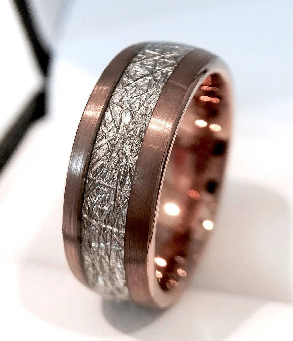 Tungsten Rings for Men Wedding Bands for Him Womens Wedding Bands for Her 6mm Semi-Domed Rose Gold Tone IP Meteorite - Jewelry Store by Erik Rayo