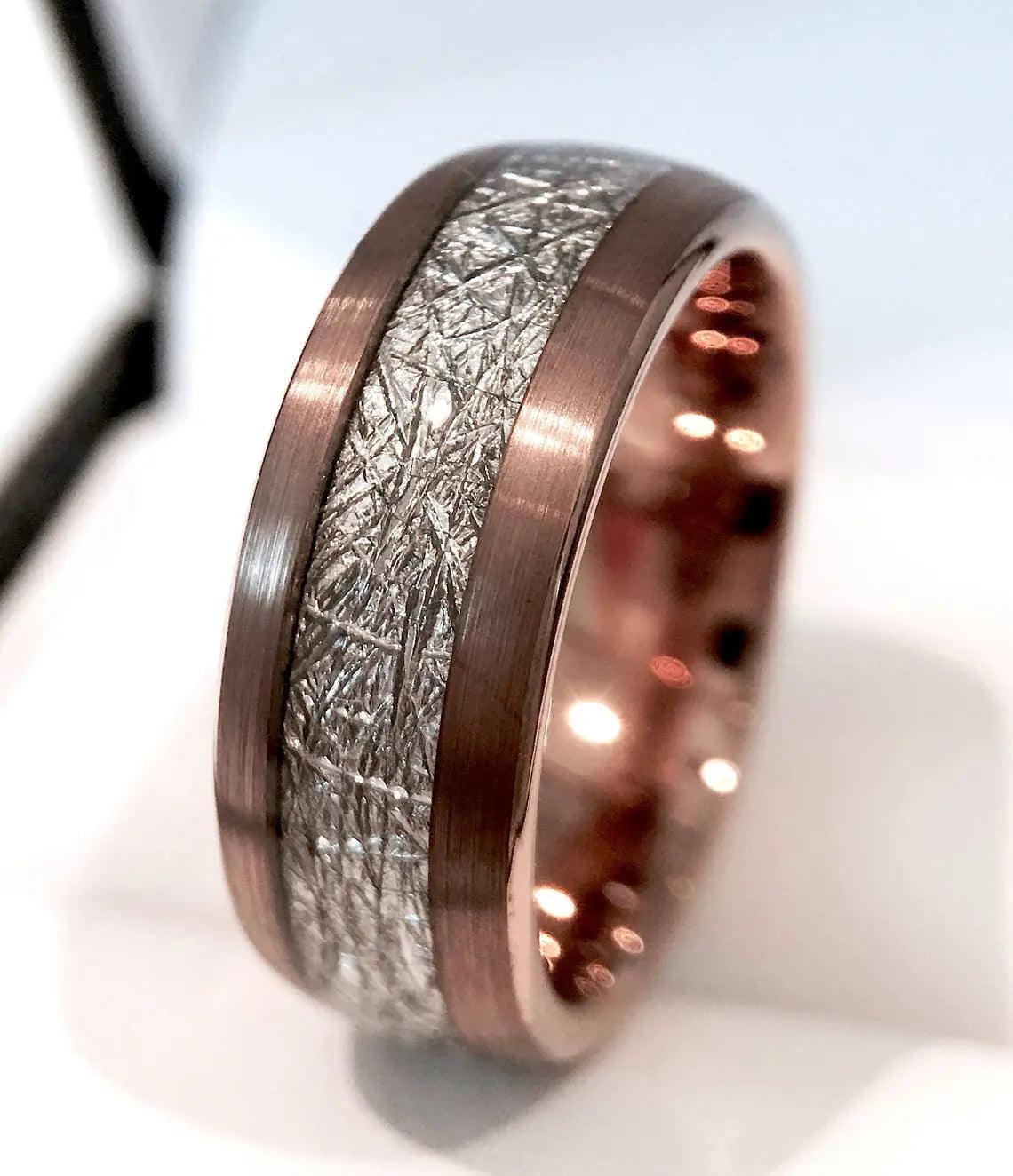 Tungsten Rings for Men Wedding Bands for Him Womens Wedding Bands for Her 6mm Semi-Domed Rose Gold Tone IP Meteorite - Jewelry Store by Erik Rayo