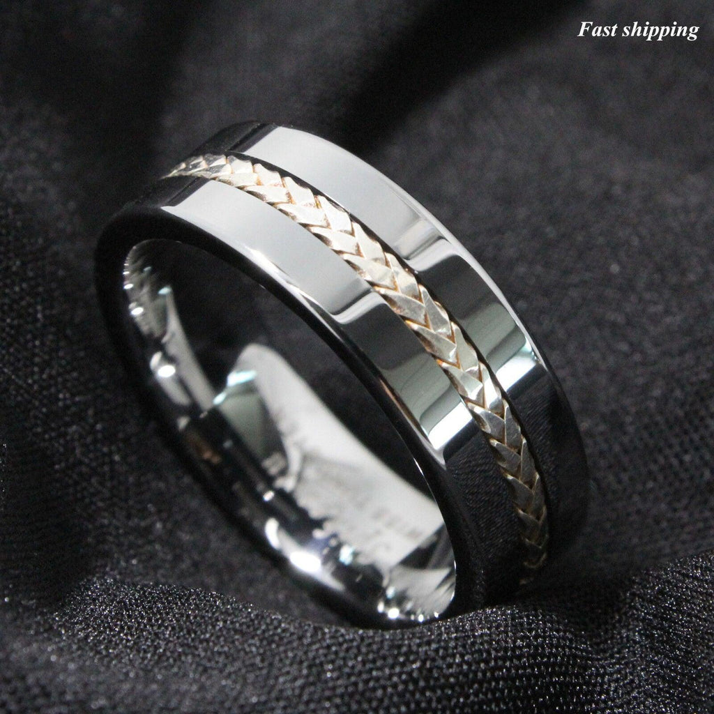 Men's Wedding Band Rings | Silver Braid Inlay | Wedding Rings for Men and Women - Jewelry Store by Erik Rayo